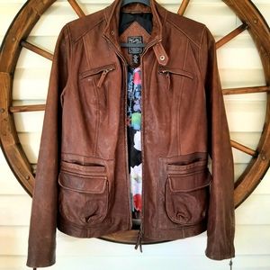 Women's Vintage Distressed Lucky Brand Brown Leather Motorcycle Jacket Large